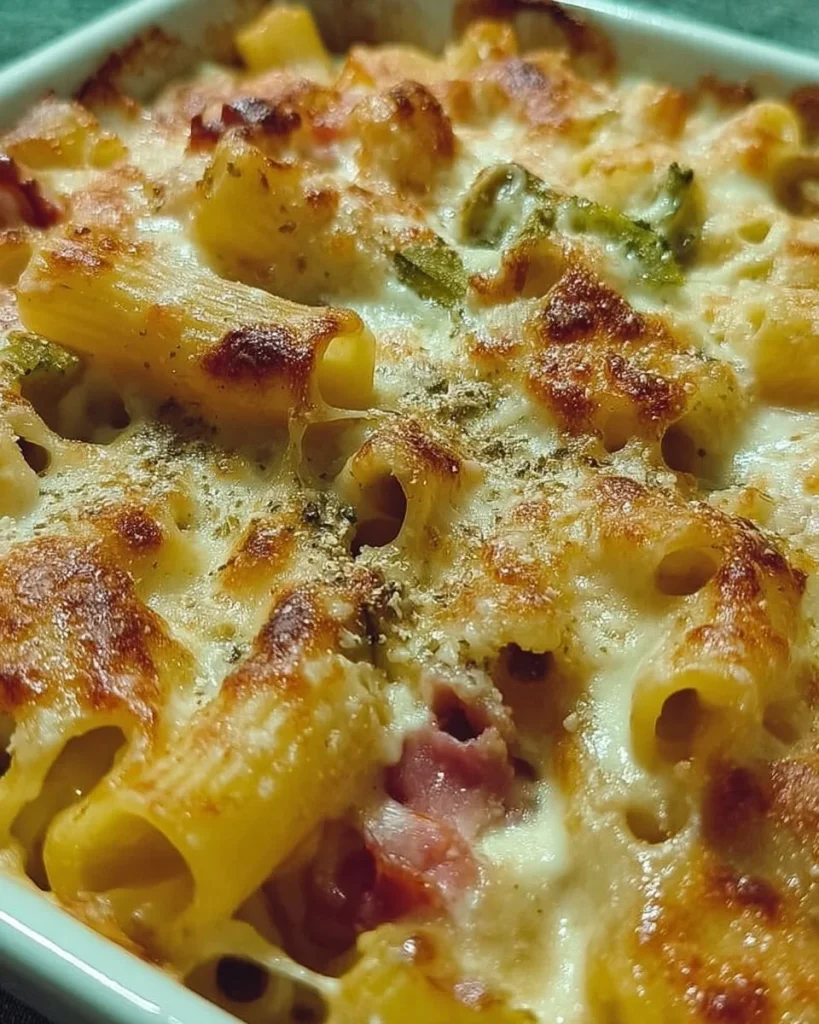 Auflauf mit Nudeln, Zucchini, Schinken und Galbanino-Käse aus dem Ofen