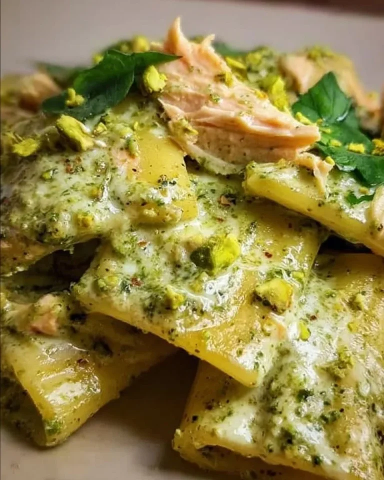 Paccheri mit Lachs, Creme und Pistazienpesto auf einem Teller serviert