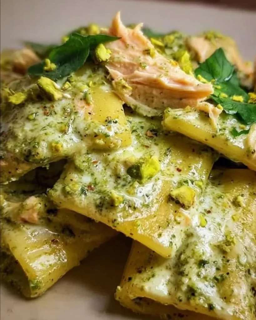 Paccheri mit Lachs, Creme und Pistazienpesto auf einem Teller serviert