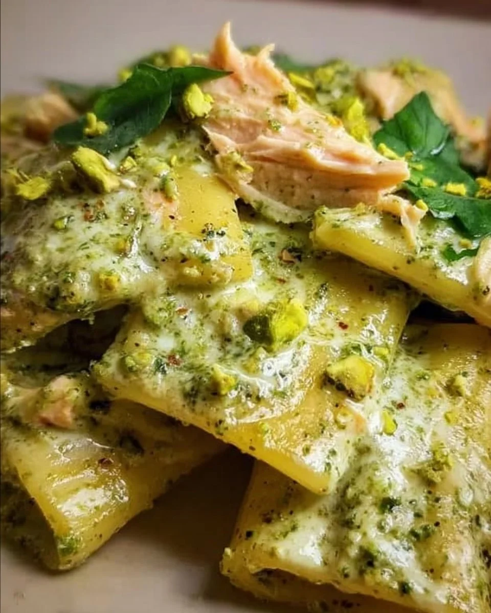 Paccheri mit Lachs, Creme und Pistazienpesto auf einem Teller serviert