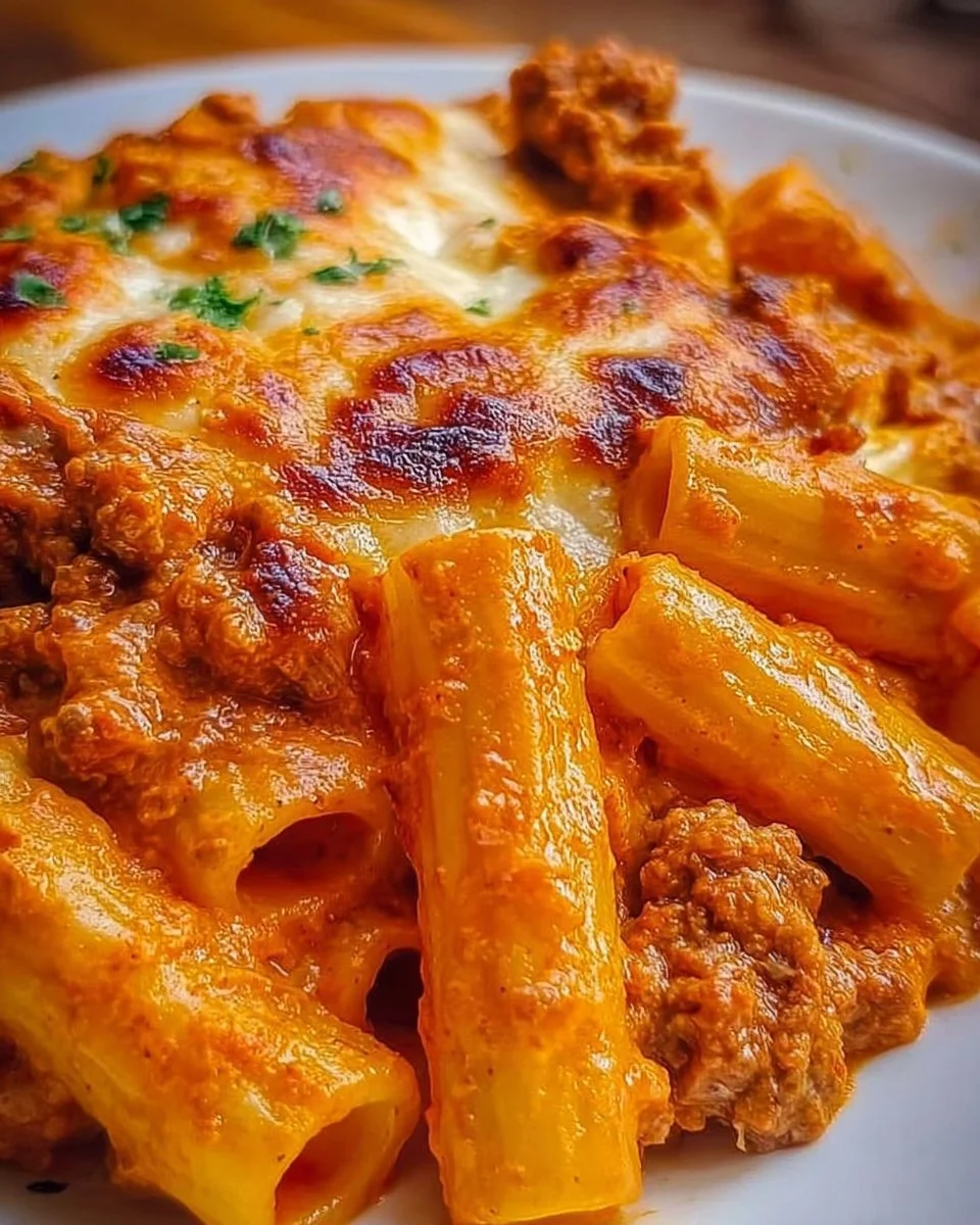 Rigatoni mit Béchamel, Bolognese-Ragù und Provola auf einem Teller serviert