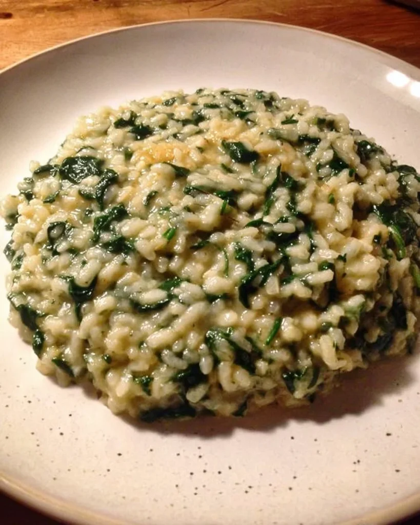 Risotto mit Spinat und Taleggio in einem eleganten Teller serviert
