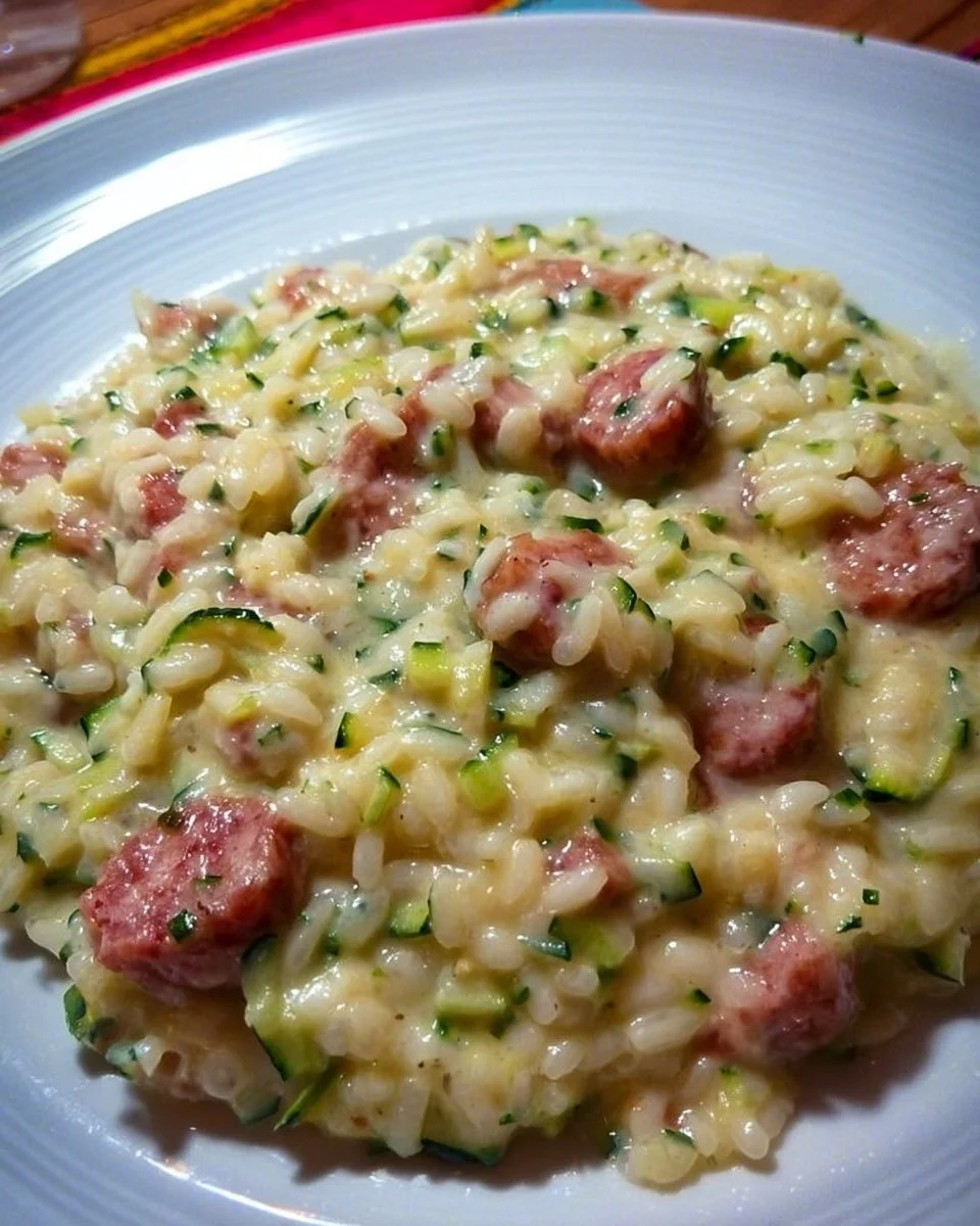 Leckeres Risotto mit Zucchini-Creme und Wurst serviert auf einem Teller.