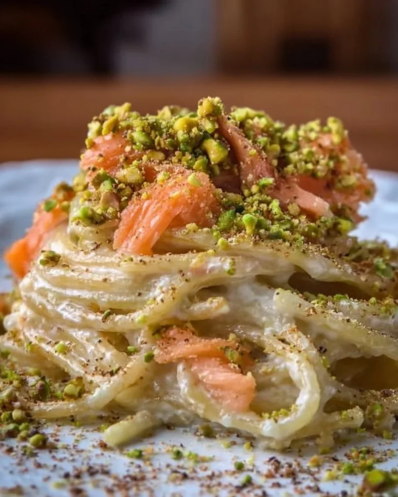 Spaghetti mit Parmesancreme, Pistazien und Lachs auf einem Teller
