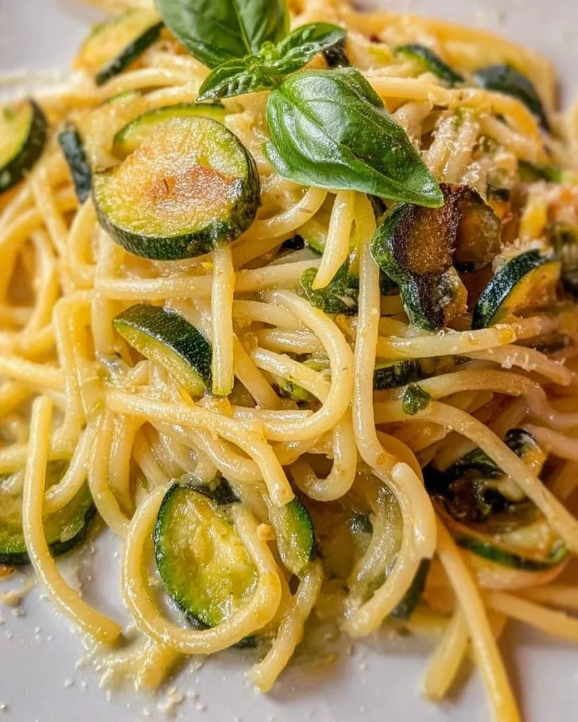 Cremige Spaghetti Zucchini nach Omas Rezept, frisch serviert.