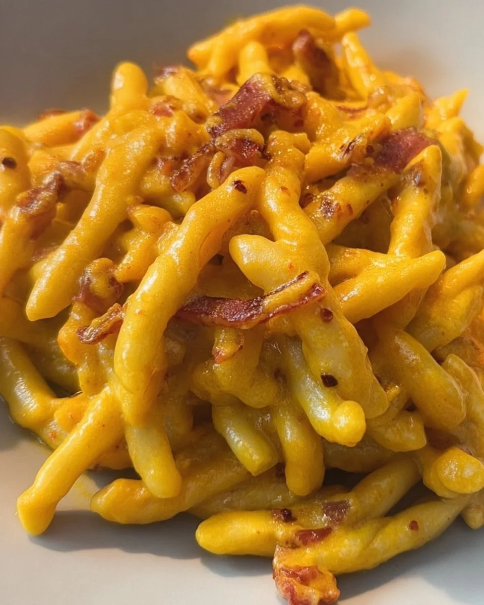 Strozzapreti-Creme mit Speck, Safran und Grana auf einem Teller serviert