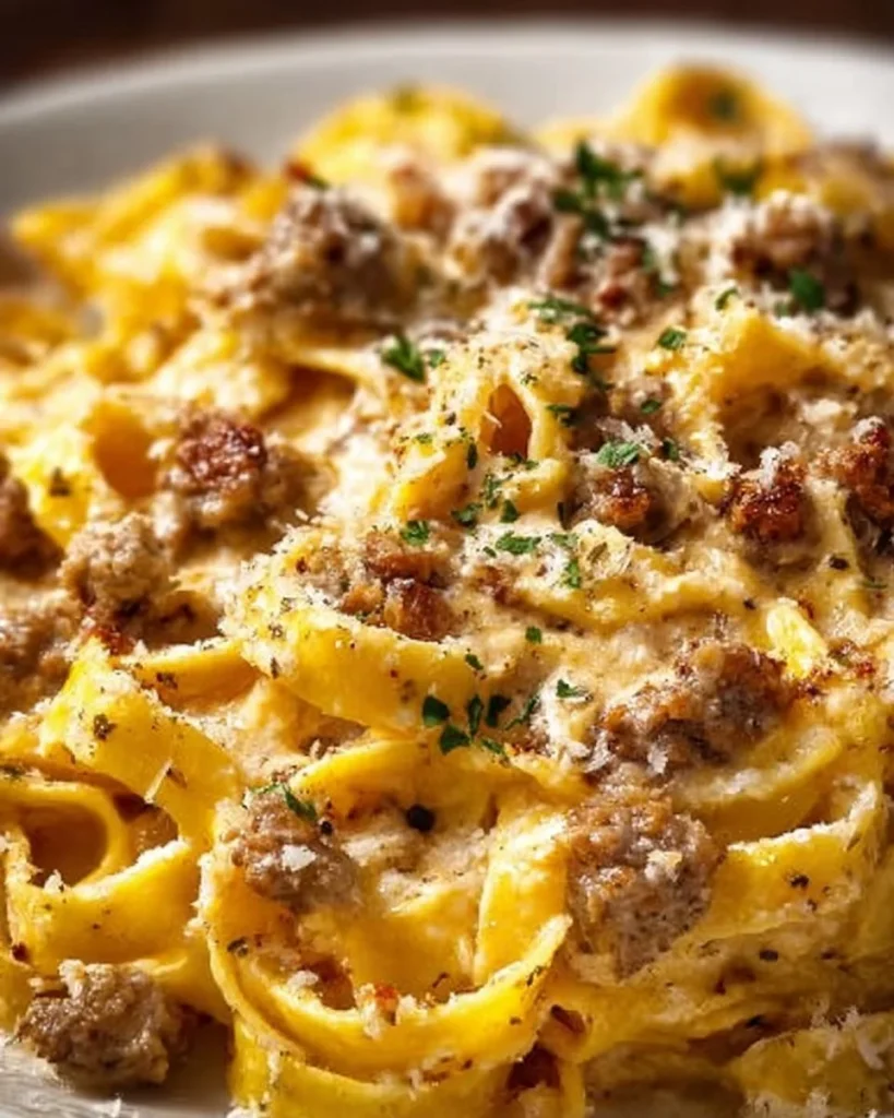 Tagliatelle mit Kartoffelcreme und Wurst auf einem Teller serviert