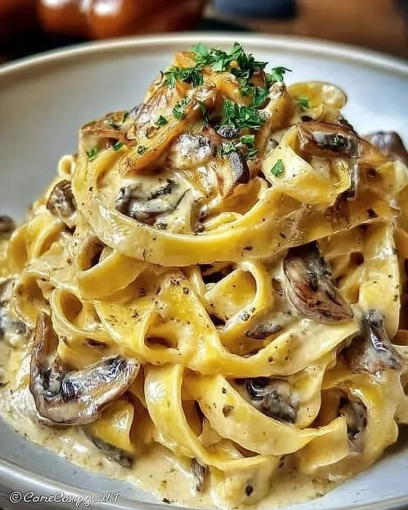 Tagliatelle mit Parmesancreme und Steinpilzen auf einem Teller serviert