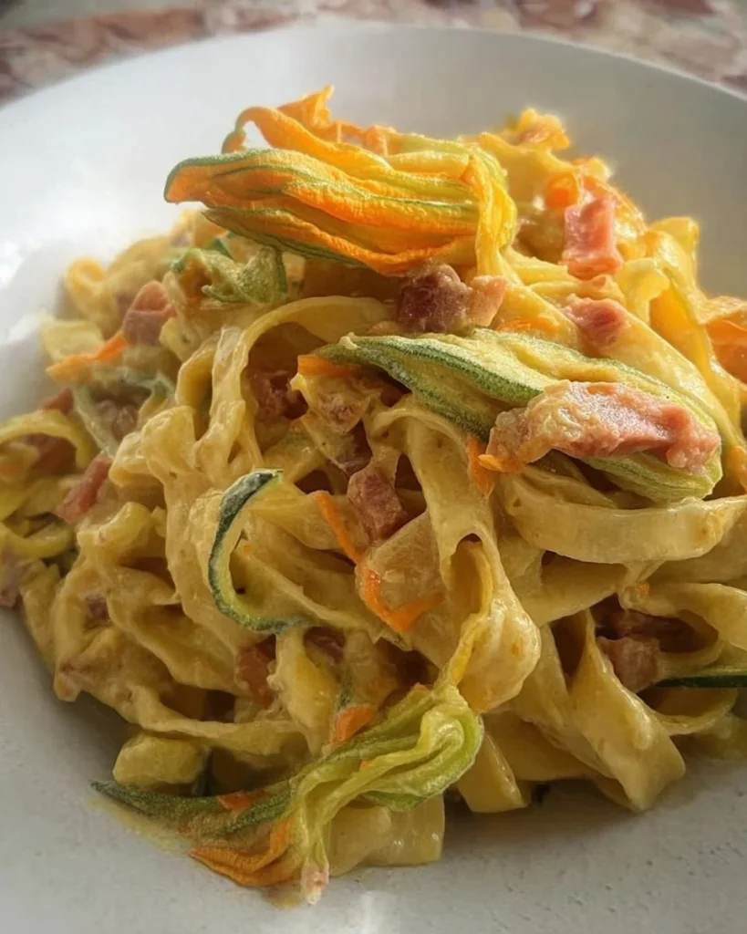 Tagliatelle mit Zucchiniblüten und Speck auf einem Teller angerichtet.
