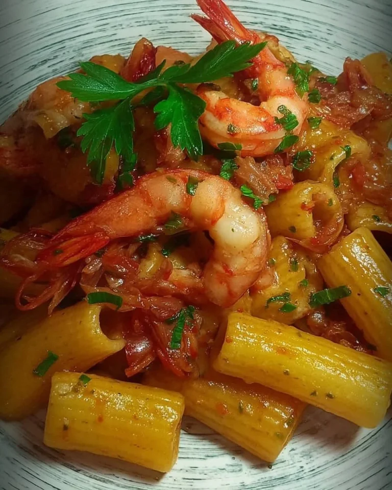 Tortiglioni mit Garnelenschwänzen auf einem Teller serviert