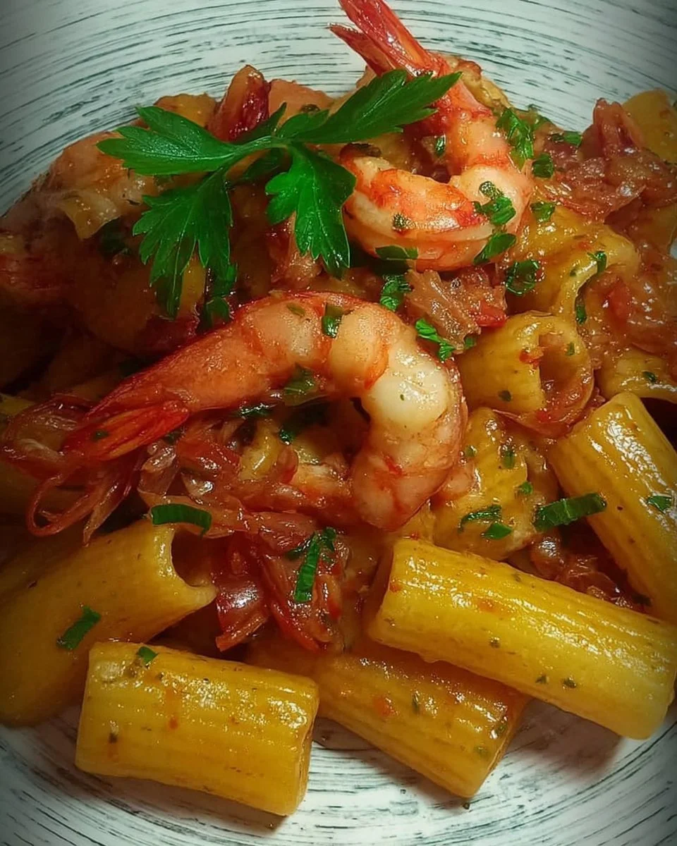 Tortiglioni mit Garnelenschwänzen auf einem Teller serviert