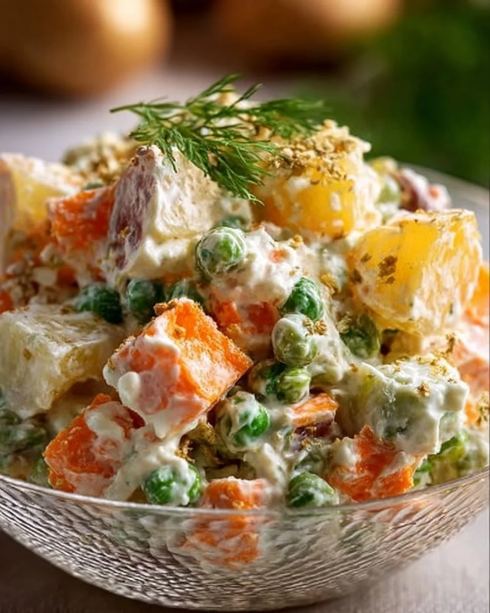 Traditioneller russischer Salat auf einem festlich gedeckten Weihnachtstisch