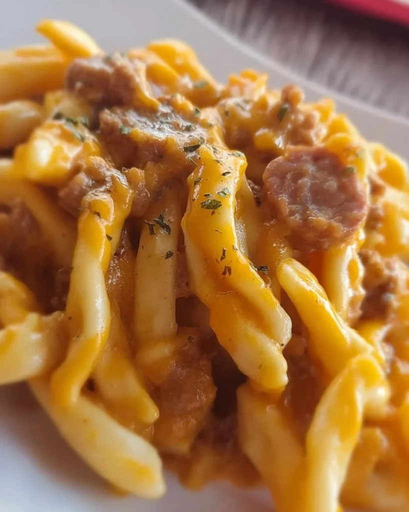 Trofie mit Kürbiscreme und Wurst auf einem Teller angerichtet.