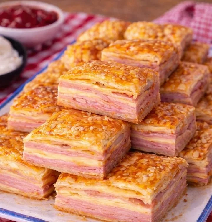 Blätterteig Häppchen mit Schinken und Käse auf einem Teller angerichtet