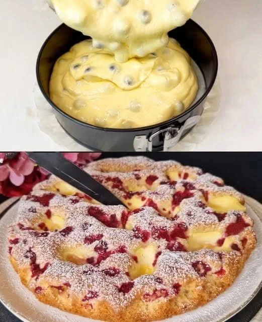 Blitz Kirschkuchen mit Pudding auf einem Teller, garniert mit Kirschen.