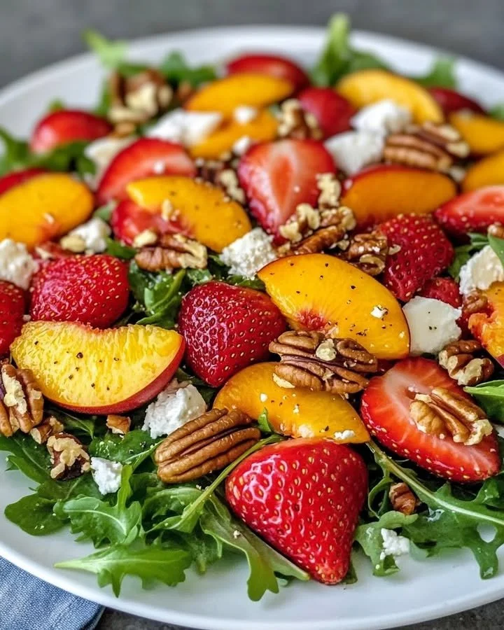 Erdbeer-Pfirsich-Salat mit Honig-Zitronen-Vinaigrette in einer Schüssel