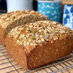 Scheiben von frisch gebackenem Haferflocken-Kürbiskern-Brot auf einem Holzbrett