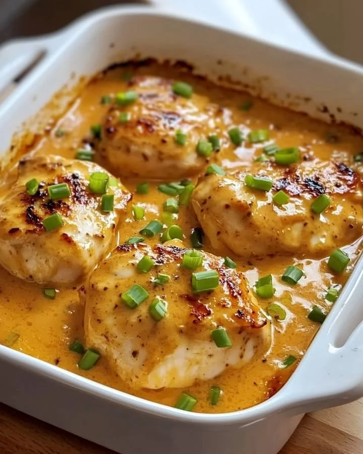 Hähnchenbrust in cremiger Frischkäse-Soße auf einem Teller serviert.