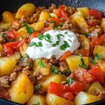 Kartoffel-Paprika-Pfanne mit Hackfleisch und Crème Fraîche auf einem Teller