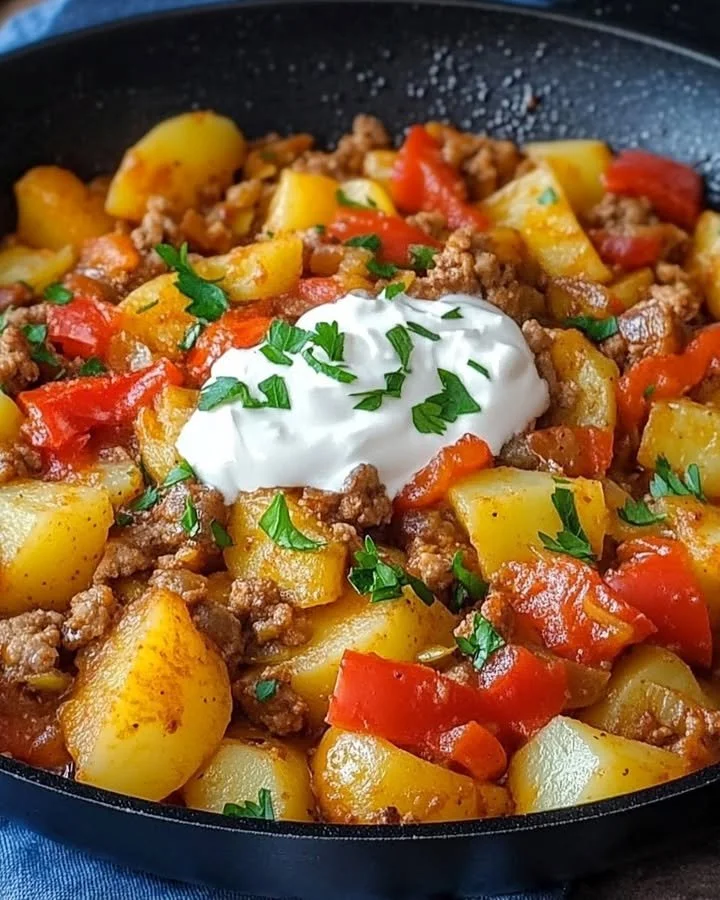 Kartoffel-Paprika-Pfanne mit Hackfleisch und Crème Fraîche auf einem Teller