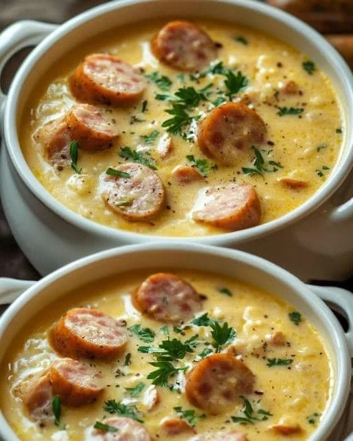 Schüssel mit leckerster Kartoffelsuppe, serviert mit frischen Kräutern.