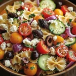 Nudelsalat mit Feta und buntem Gemüse auf einem Teller