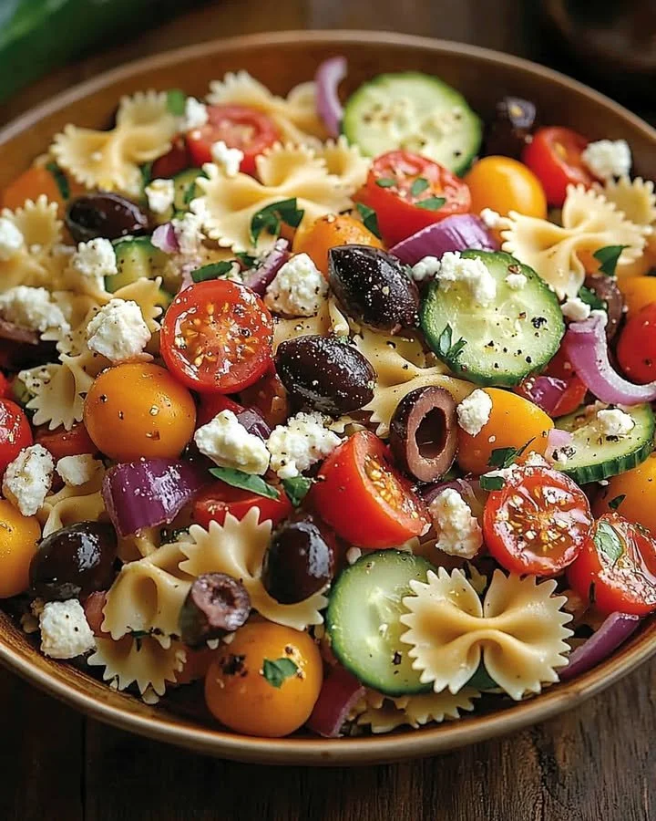 Nudelsalat mit Feta und buntem Gemüse auf einem Teller