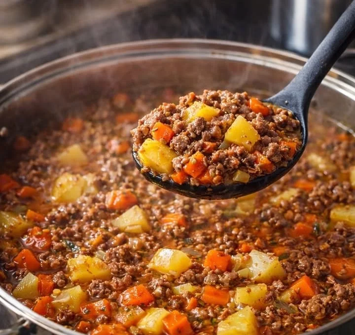 Omas Hackfleischtopf mit Gemüse auf einem Teller, serviert mit frischen Kräutern.