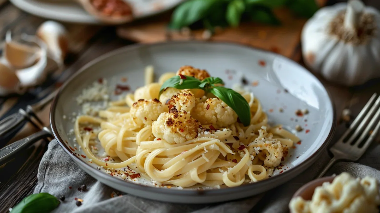 Vegane Blumenkohl-Pasta mit Zitronen-Knoblauch-Sauce auf einem Teller serviert.
