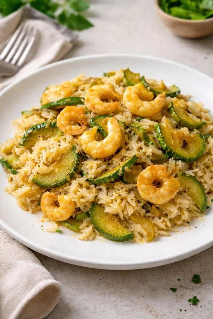 Basmati-Reis mit Curry, Zucchini und Garnelen auf einem Teller serviert.