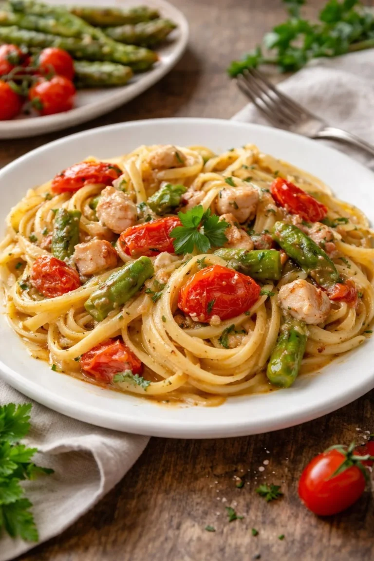 Bavette mit Schwertfisch, Spargel und Kirschtomaten auf einem Teller angerichtet