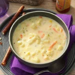 Cremige Blumenkohlsuppe in einer Schüssel mit frischen Kräutern garniert
