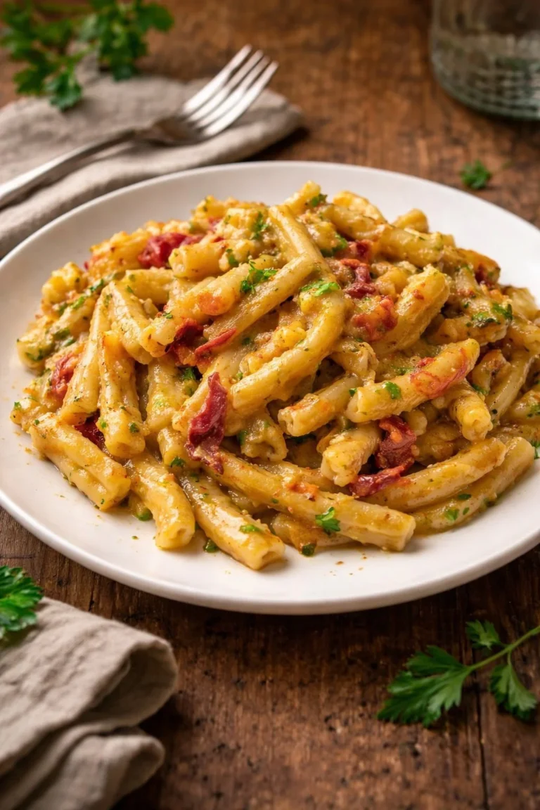 Casarecce mit Zucchini, Speck, Béchamel und Kirschtomaten auf einem Teller serviert.