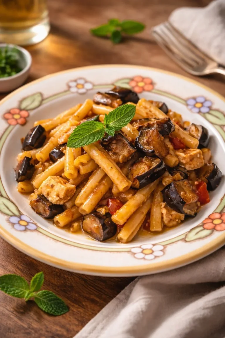Caserecce mit Schwertfisch, Kirschtomaten und frittierter Aubergine auf einem Teller