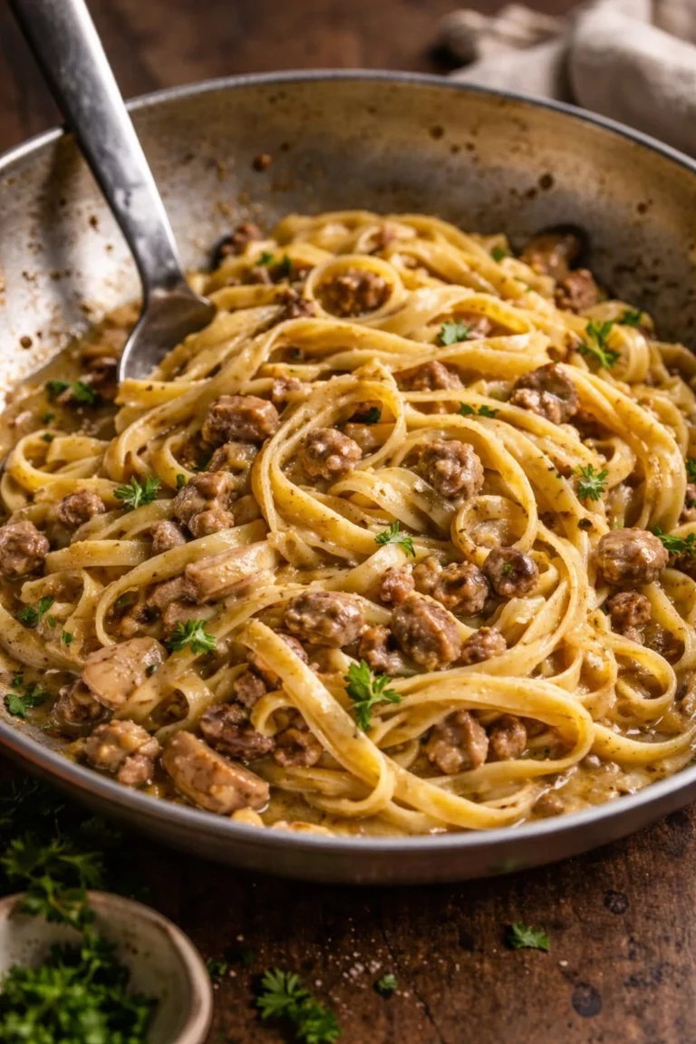 Cremige Fettuccine mit Steinpilzen und Wurst serviert auf einem Teller