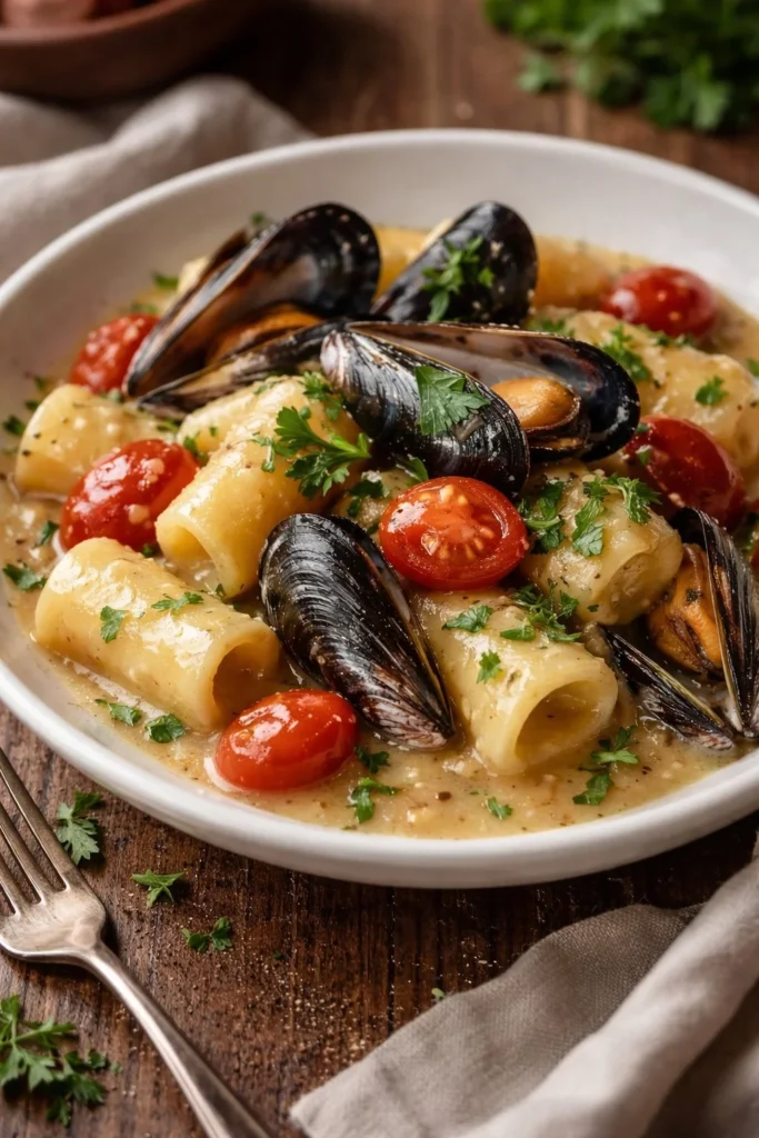 Cremige Mezze Maniche mit Kartoffel- und Muschelcurry auf einem Teller