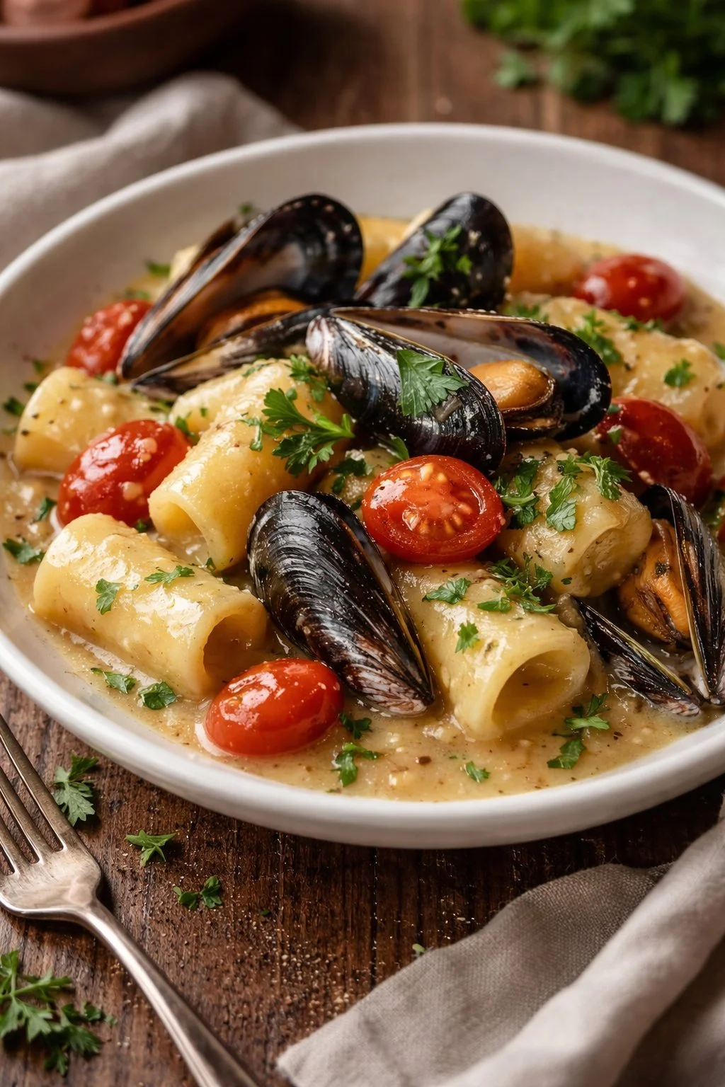 Cremige Mezze Maniche mit Kartoffel- und Muschelcurry auf einem Teller