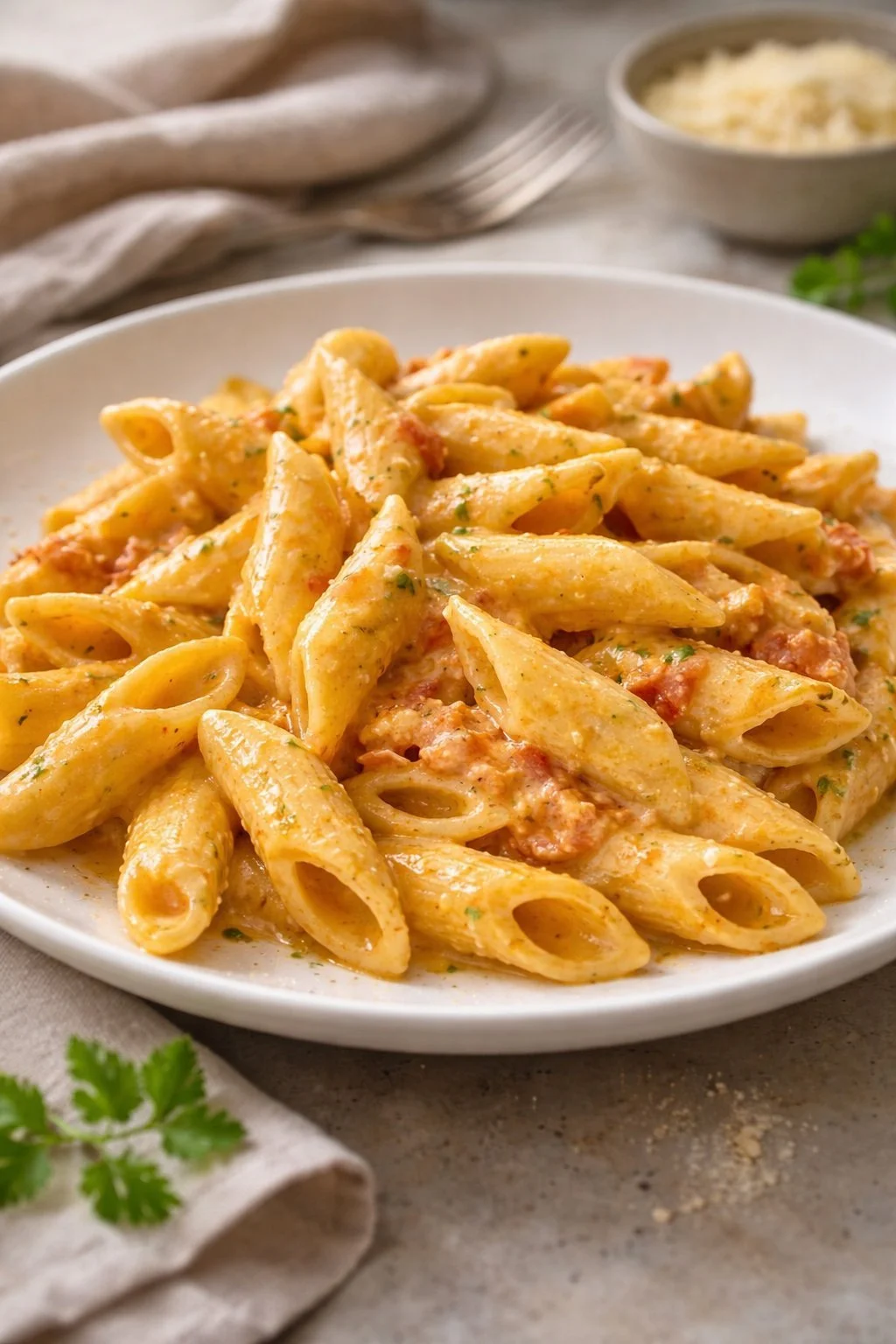 Cremige Pennette mit Kirschtomaten und Pesto auf einem Teller serviert.