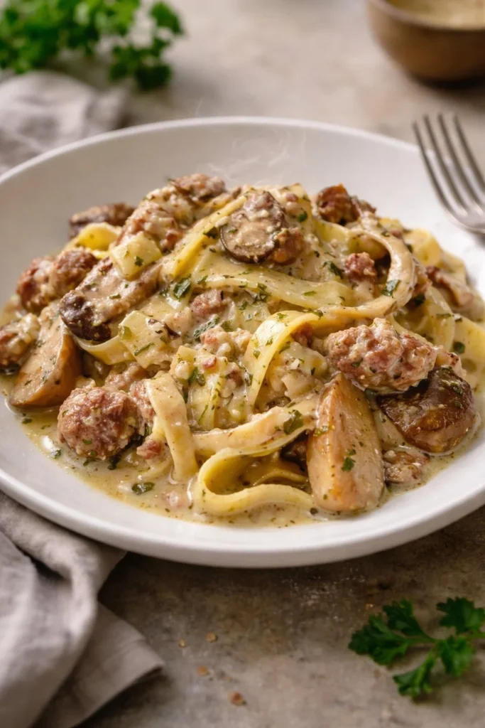 Cremige Tagliatelle mit Steinpilzen und Wurst auf einem Teller angerichtet