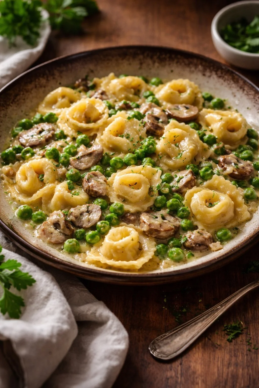 Cremige Tortellini alla Boscaiola mit Pilzen und Sahne auf einem Teller