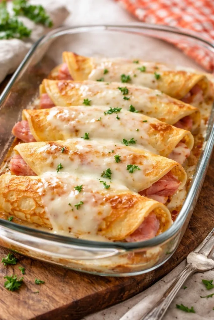 Crêpes mit Prosciutto und Mozzarella auf einem Teller serviert
