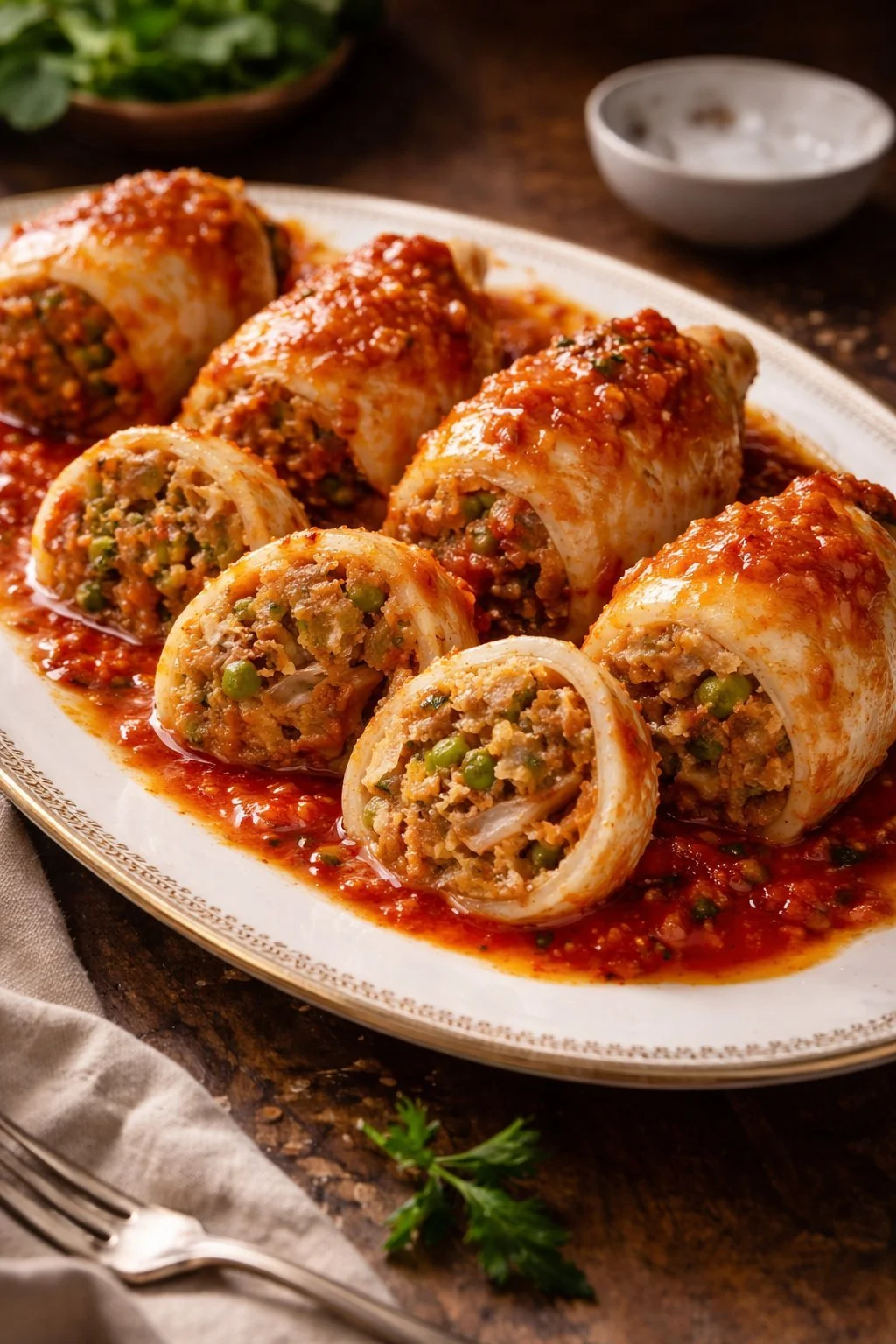 Cremige gefüllte Calamari auf einem Teller angerichtet