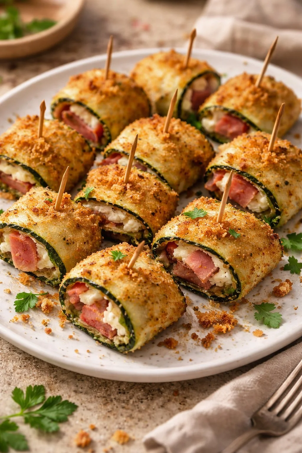 Einfache und cremige Zucchini-Röllchen auf einem Teller