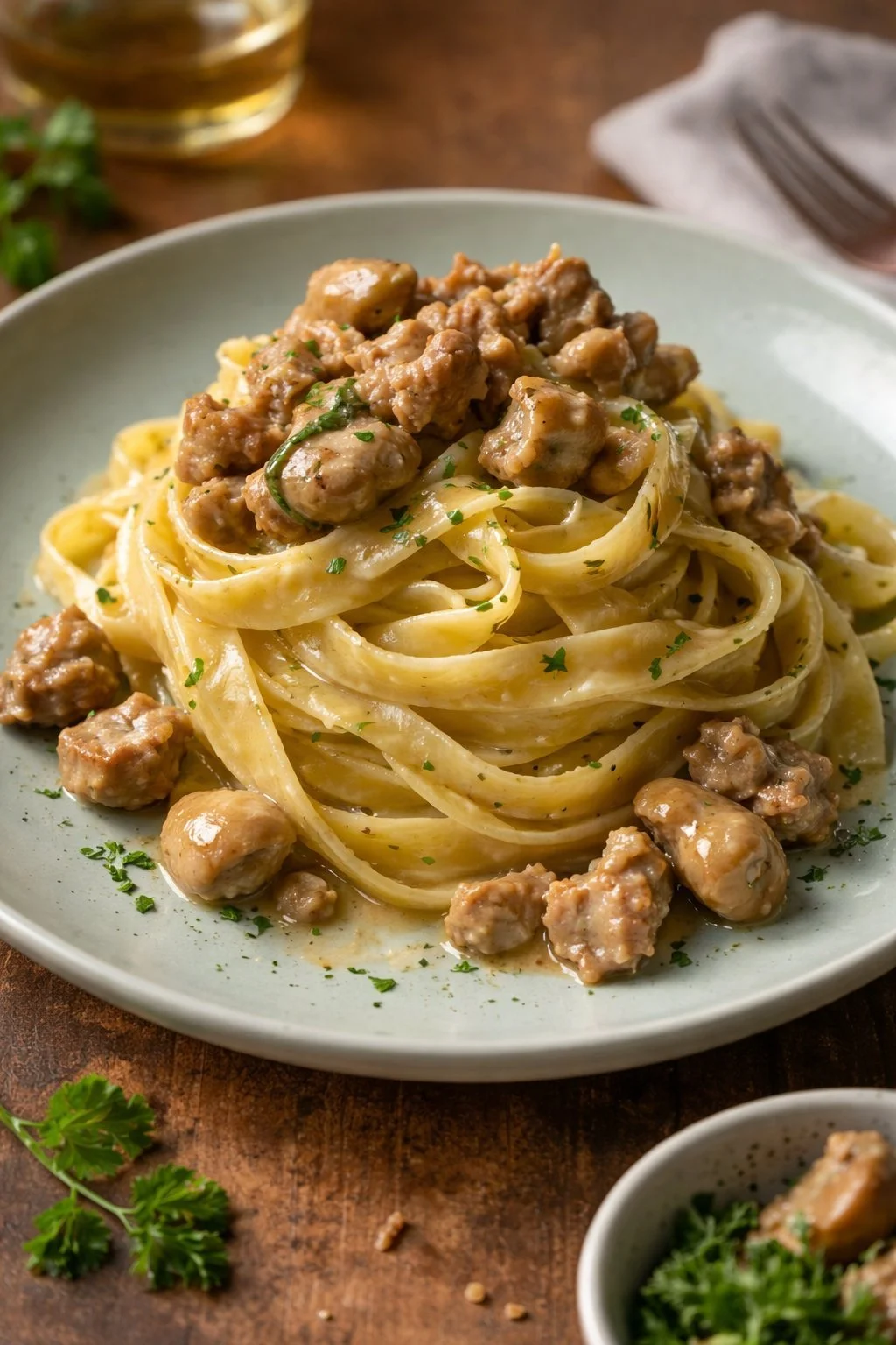 Einfache Fettuccine mit Steinpilzen und Wurst in einem Teller angerichtet