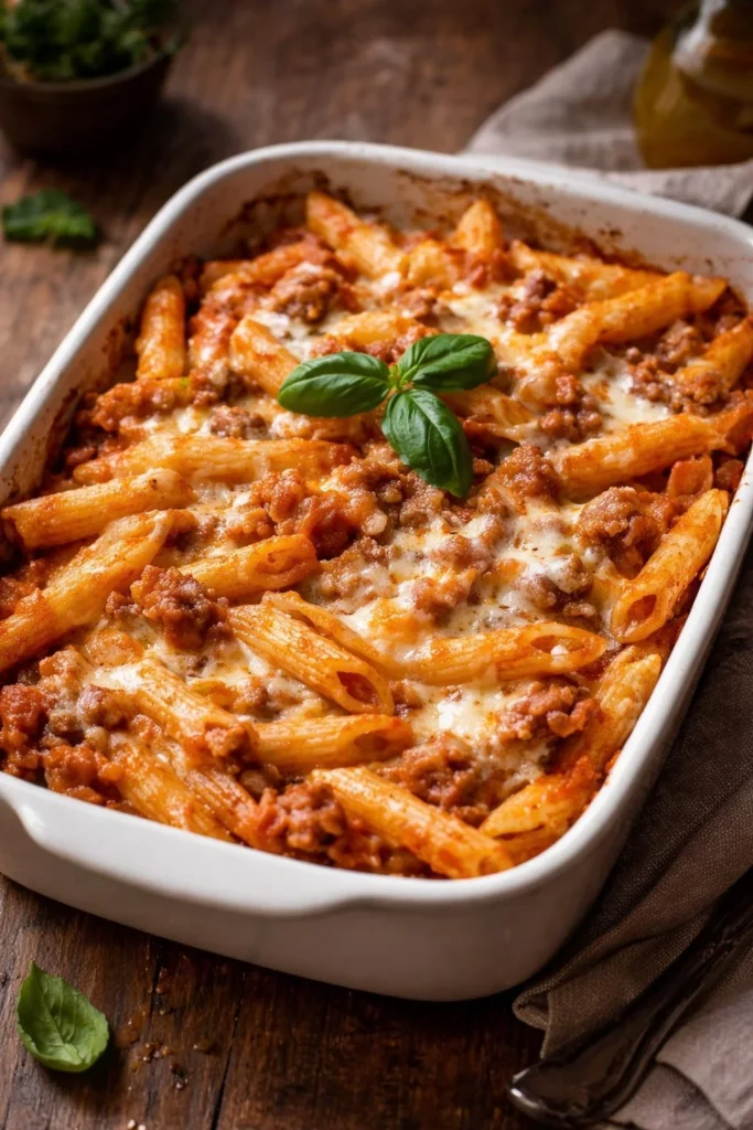 Einfache Pennette mit Wurst, Béchamel und geschmolzenem Mozzarella auf einem Teller