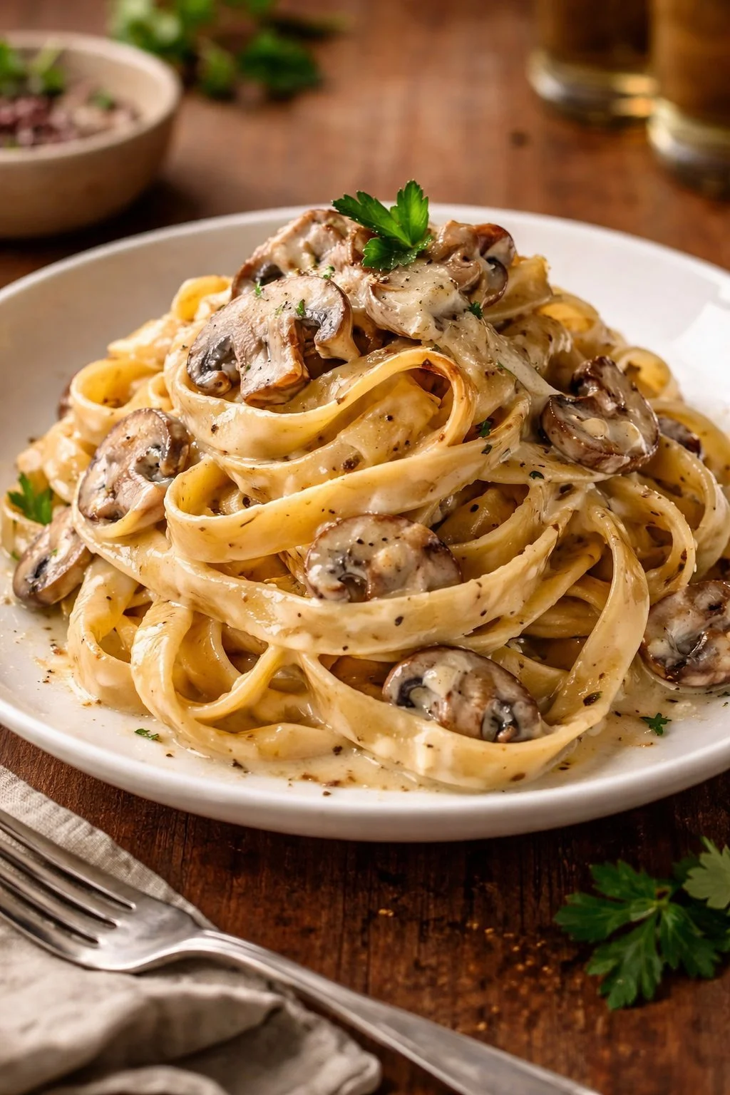Einfache Tagliatelle mit Parmesancreme und Steinpilzen auf einem Teller