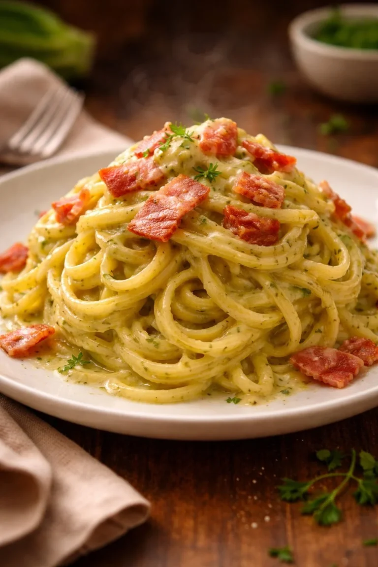 Einfache Tagliolini mit Zucchini-Creme auf einem Teller serviert.