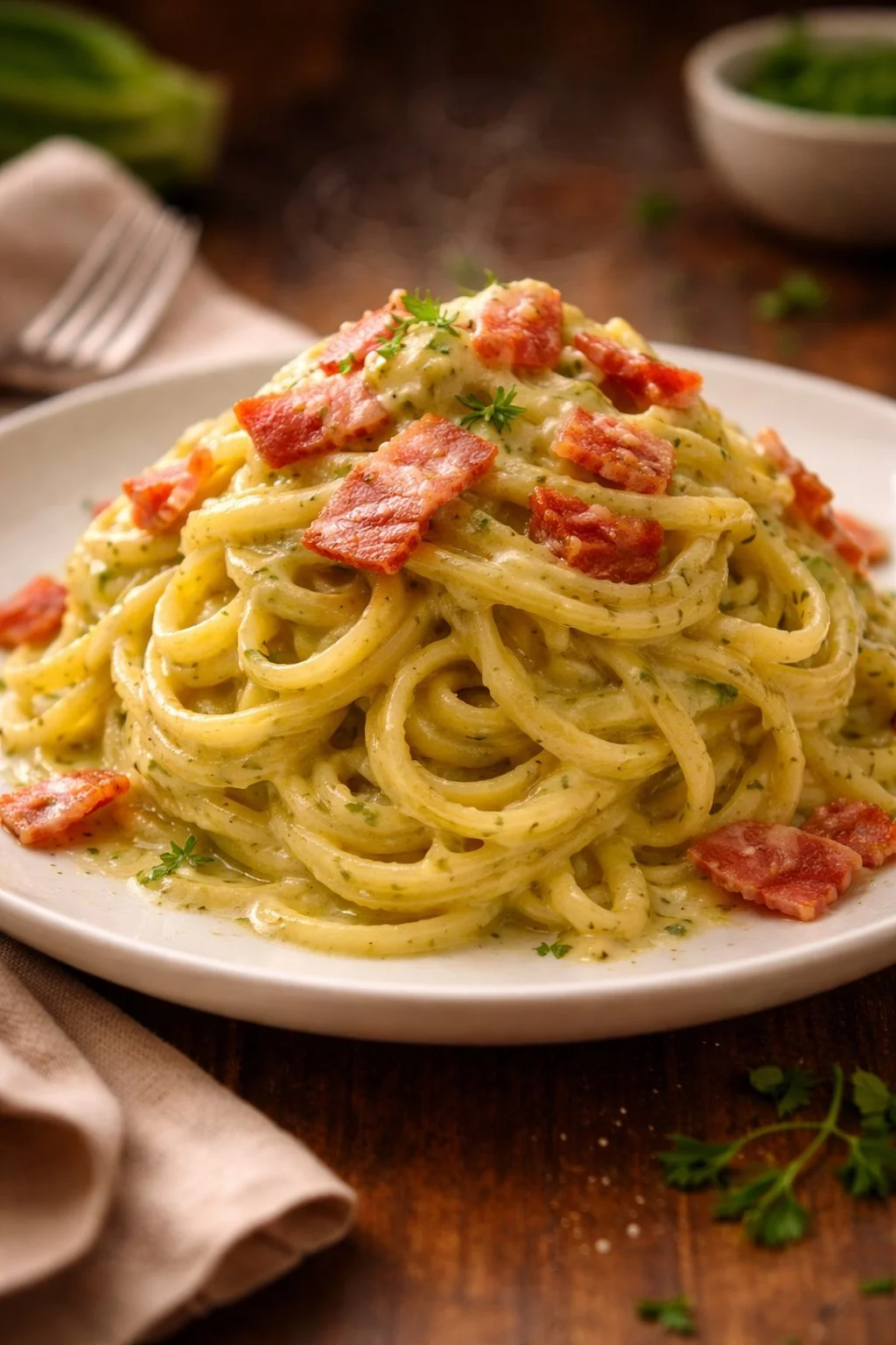 Einfache Tagliolini mit Zucchini-Creme auf einem Teller serviert.