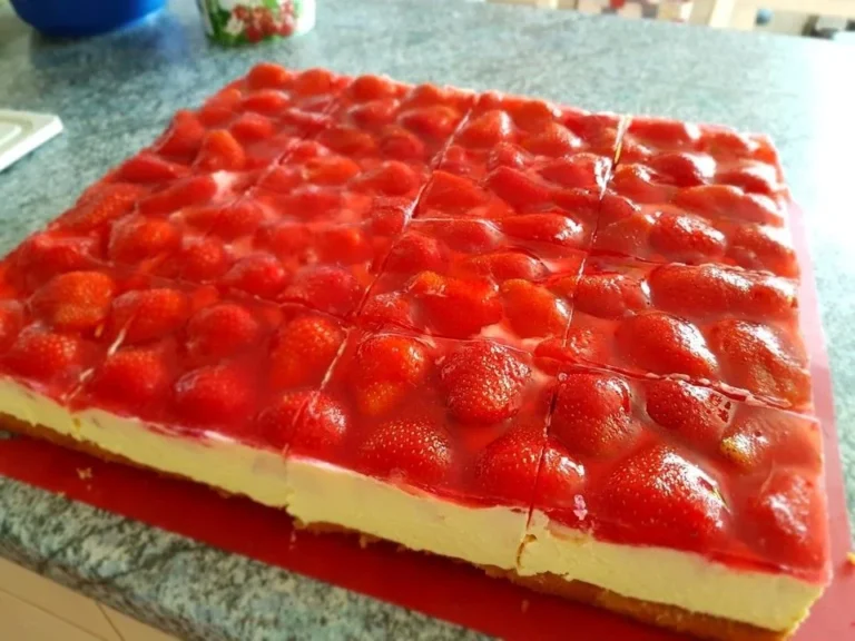 Erdbeerkuchen mit Schmand und Vanillecreme auf einem Teller