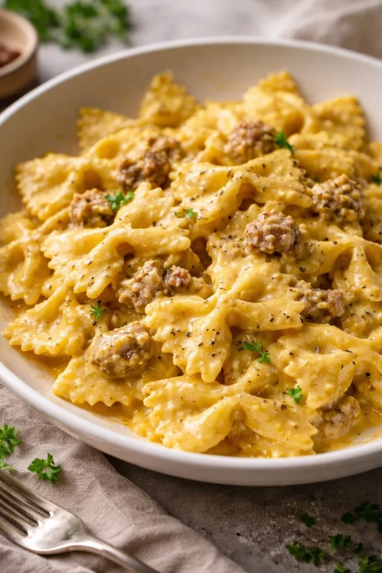 Farfalle mit Salsiccia, Sahne und Safran auf einem Teller serviert.